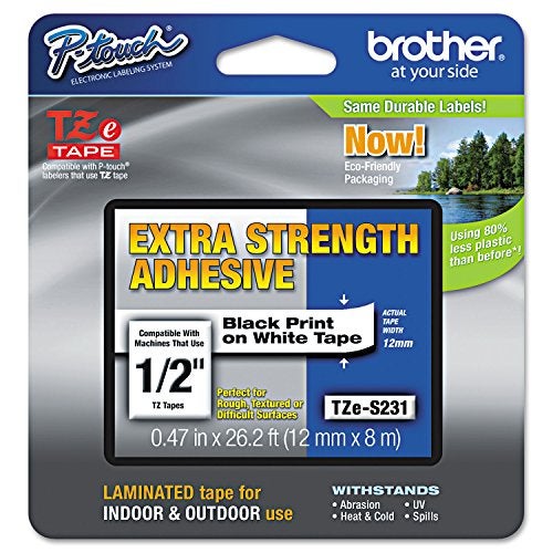 Brother Genuine P-touch TZE-S231 Label Tape, 1/2" (0.47") Extra Strength Adhesive Laminated P-touch Tape, Black on White, Laminated for Indoor or Outdoor Use, Water Resistant, 26.2 Feet (8M), Single-Pack - Image 3