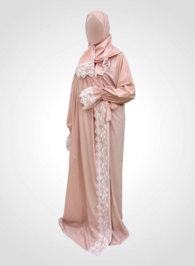AL-HRAER A Very Soft And Comfortable Prayer Dress With Embroidery Lace Trim Consisting Of One Piece Includes a Veil And It Covers The Whole Body With A Uniform And Wide Size Suitable For All Bodies - Image 1