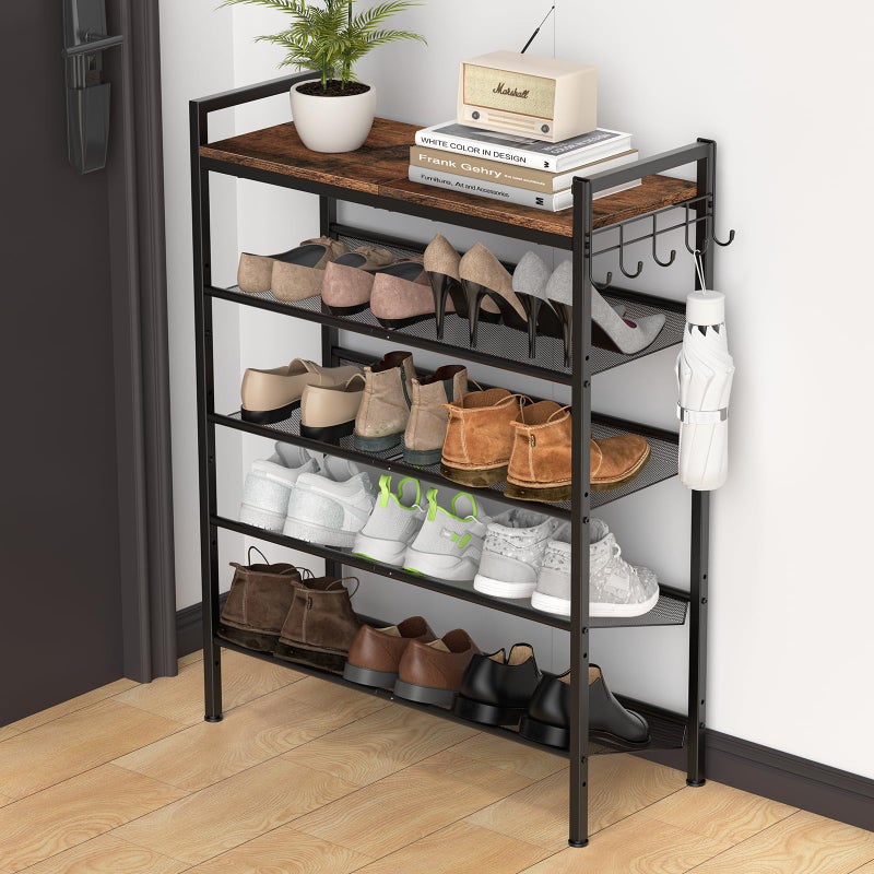 Refrze Shoe Rack for Front Door Entrance, 5 Tier Height-Adjustable Metal Shoe Rack, Sturdy Wooden Top and Tiltable Steel Frame Heavy Duty Shoe Organizer for Bathroom,Bedroom,Kitchenï¼ŒInclude Hook - Image 1