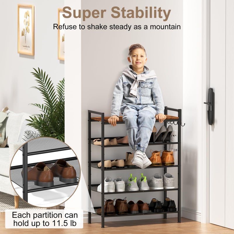 Refrze Shoe Rack for Front Door Entrance, 5 Tier Height-Adjustable Metal Shoe Rack, Sturdy Wooden Top and Tiltable Steel Frame Heavy Duty Shoe Organizer for Bathroom,Bedroom,Kitchenï¼ŒInclude Hook - Image 3