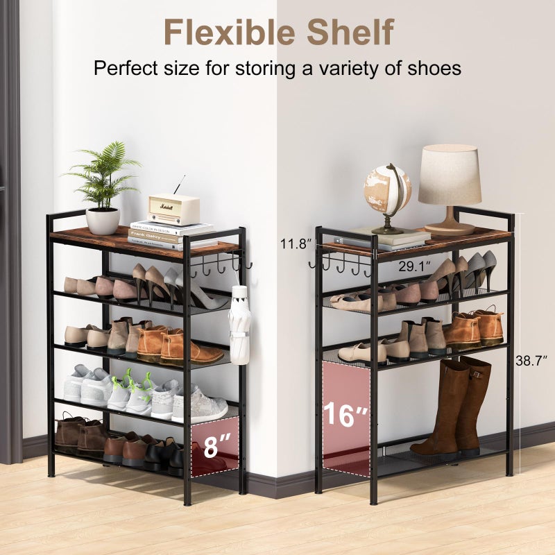 Refrze Shoe Rack for Front Door Entrance, 5 Tier Height-Adjustable Metal Shoe Rack, Sturdy Wooden Top and Tiltable Steel Frame Heavy Duty Shoe Organizer for Bathroom,Bedroom,Kitchenï¼ŒInclude Hook - Image 4