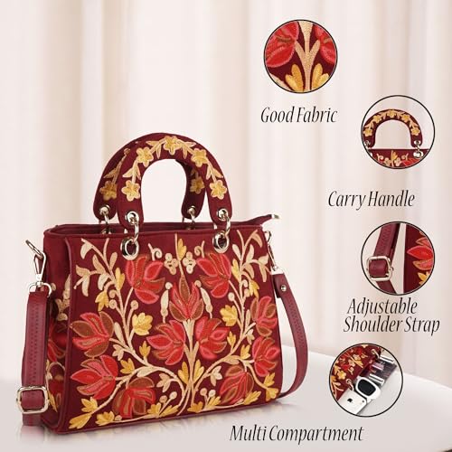EVEDA Synthetic Leather Gorgeous Embroidery Stylish Design Shoulder Crossbody Hobo Women Handbag (Maroon) - Image 2