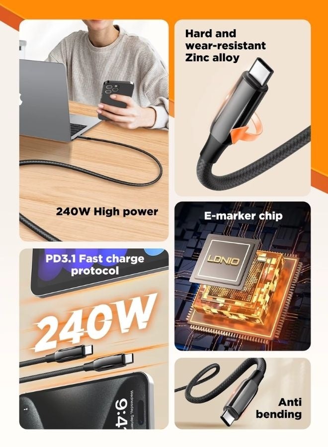 LDNIO كابل USB C 240W PD3.1 كابل شحن فائق السرعة | كابل بيانات Type-C إلى Type-C بطول 1 متر | شحن سريع عالي الطاقة 5A لهواتف iPhone وSamsung وHuawei وXiaomi وأجهزة الكمبيوتر المحمولة | كابل متين من سبائك الزنك - Image 3