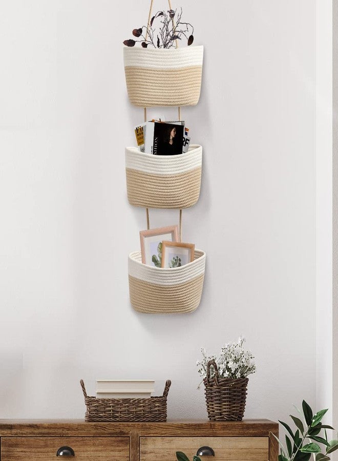 Gleckn Small Basket Cotton Rope Basket With Cat Ears Little Storage Baskets For Organizing Bins Organizer Wicker Nursery Room For Kids Baby Dog Toy Drawer Gifts 9.5"X8.5"X4" (White&Jute, 3-Tier) - Image 4