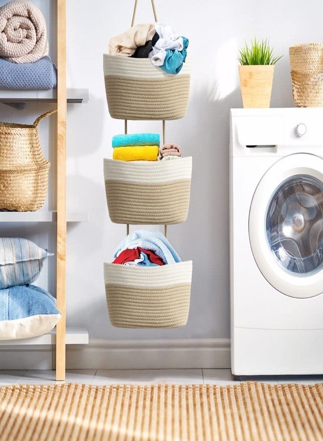 Gleckn Small Basket Cotton Rope Basket With Cat Ears Little Storage Baskets For Organizing Bins Organizer Wicker Nursery Room For Kids Baby Dog Toy Drawer Gifts 9.5"X8.5"X4" (White&Jute, 3-Tier) - Image 3