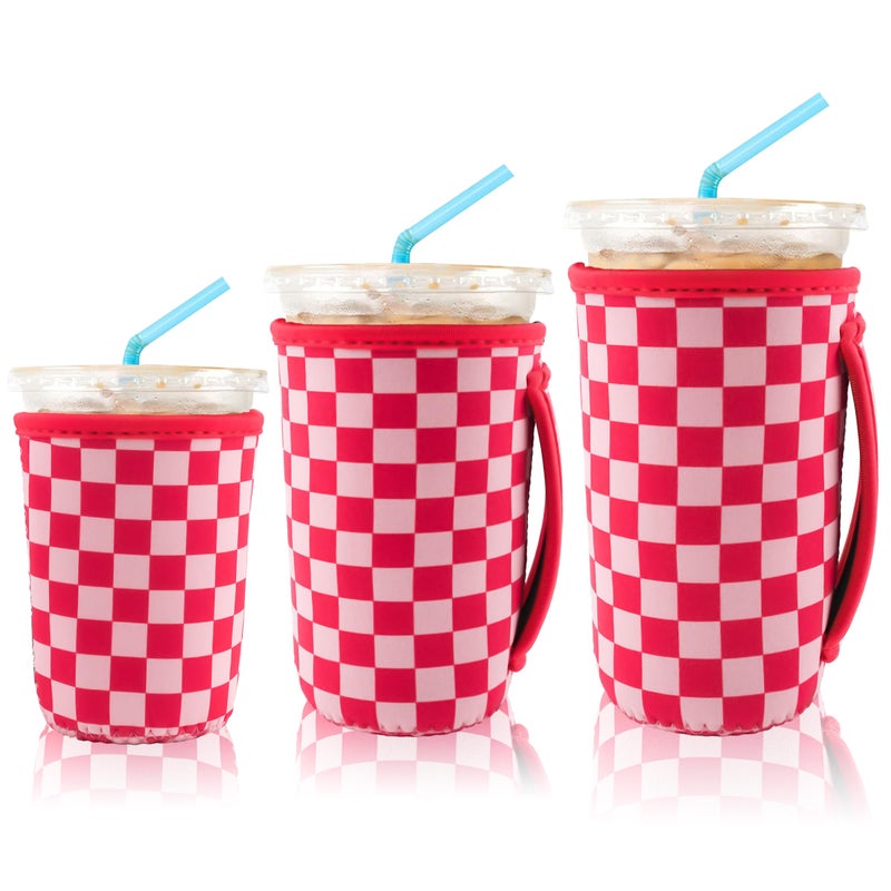 KJQJLY 3 Reusable Iced Coffee Sleeves for Iced Coffee Cups or Drinks Reusable Neoprene Insulated Sleeves for Hot and Cold Drinks from Starbucks, Dunkin, And More (Pink Grid) - Image 1