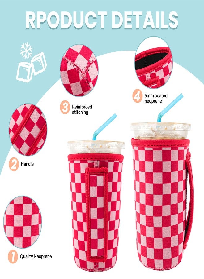 KJQJLY 3 Reusable Iced Coffee Sleeves for Iced Coffee Cups or Drinks Reusable Neoprene Insulated Sleeves for Hot and Cold Drinks from Starbucks, Dunkin, And More (Pink Grid) - Image 2
