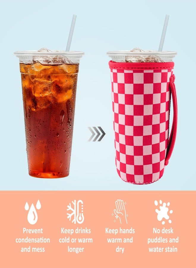 KJQJLY 3 Reusable Iced Coffee Sleeves for Iced Coffee Cups or Drinks Reusable Neoprene Insulated Sleeves for Hot and Cold Drinks from Starbucks, Dunkin, And More (Pink Grid) - Image 4