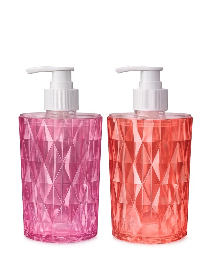 FIT FOCUS Premium ABS Plastic Liquid Soap Dispenser Set (Pack of 2), Diamond Pattern Refillable Handwash Bottle with Durable Pump for Bathroom, Kitchen Sink & Wash Basin (Pink+Red) - Image 1