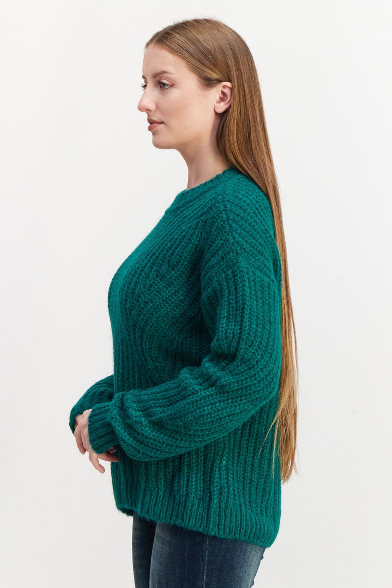 ESPRIT Women Round Neck Textured Sweater, Green - Image 3