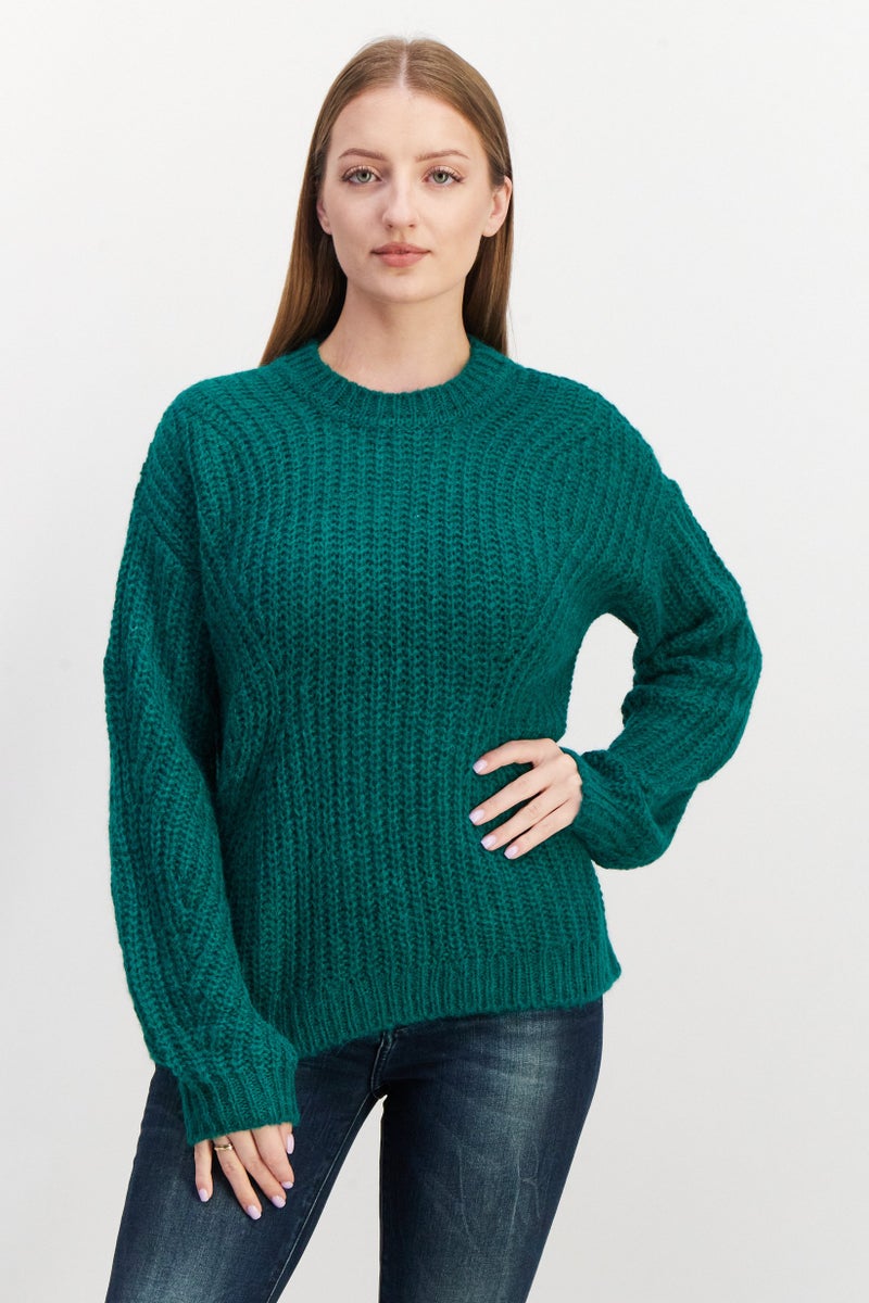 ESPRIT Women Round Neck Textured Sweater, Green - Image 1