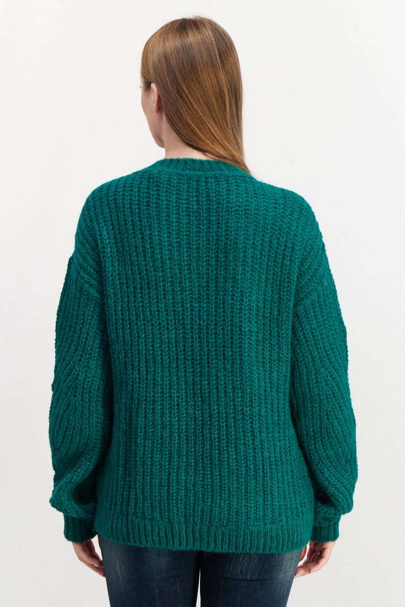 ESPRIT Women Round Neck Textured Sweater, Green - Image 4