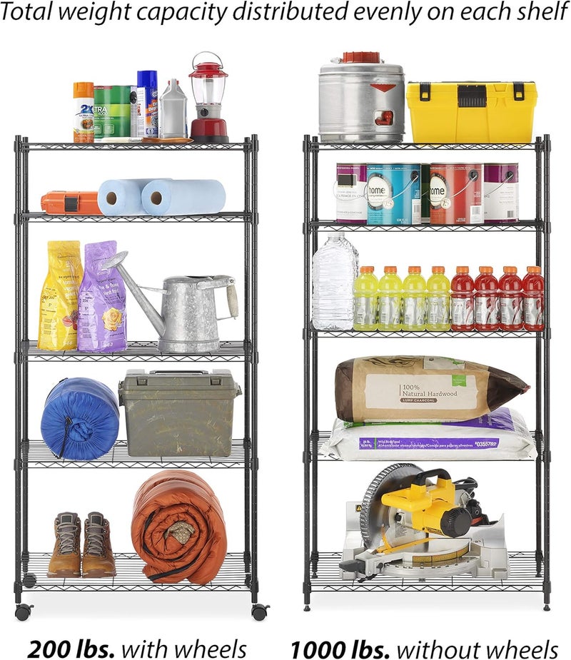 Whitmor 5 Tier Supreme Shelving Unit, Metal Storage Shelves, Adjustable Heavy Duty Shelf with Wheels, 400 lbs Capacity per Shelf, 2000 lbs Total for Pantry, Garage, Kitchen, Black - Image 5