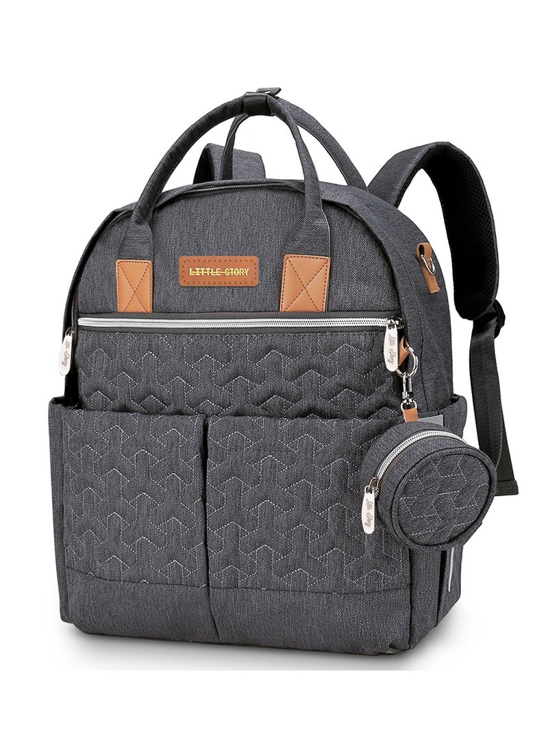 Little Story - Quilted Diaper Backpack With  Pacifier Bag And Stroller Hooks-Grey - Image 1