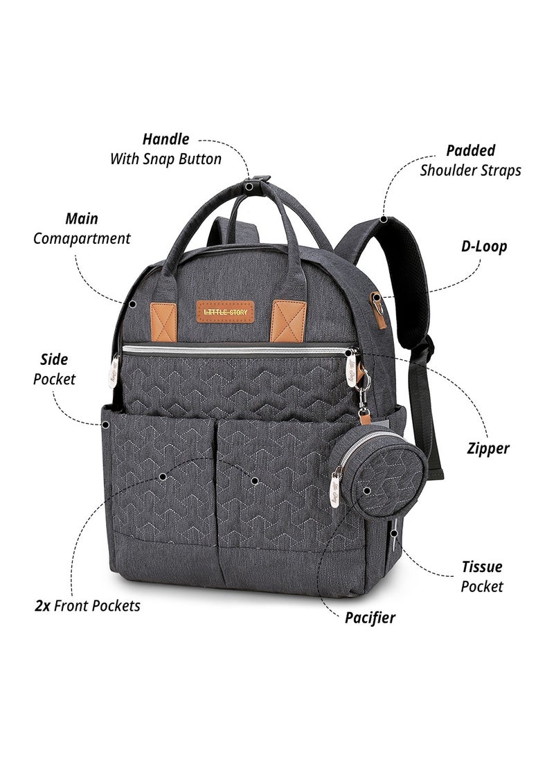 Little Story - Quilted Diaper Backpack With  Pacifier Bag And Stroller Hooks-Grey - Image 1