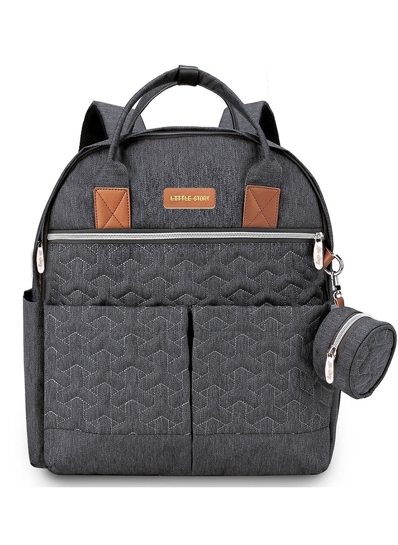 Little Story - Quilted Diaper Backpack With  Pacifier Bag And Stroller Hooks-Grey - Image 1