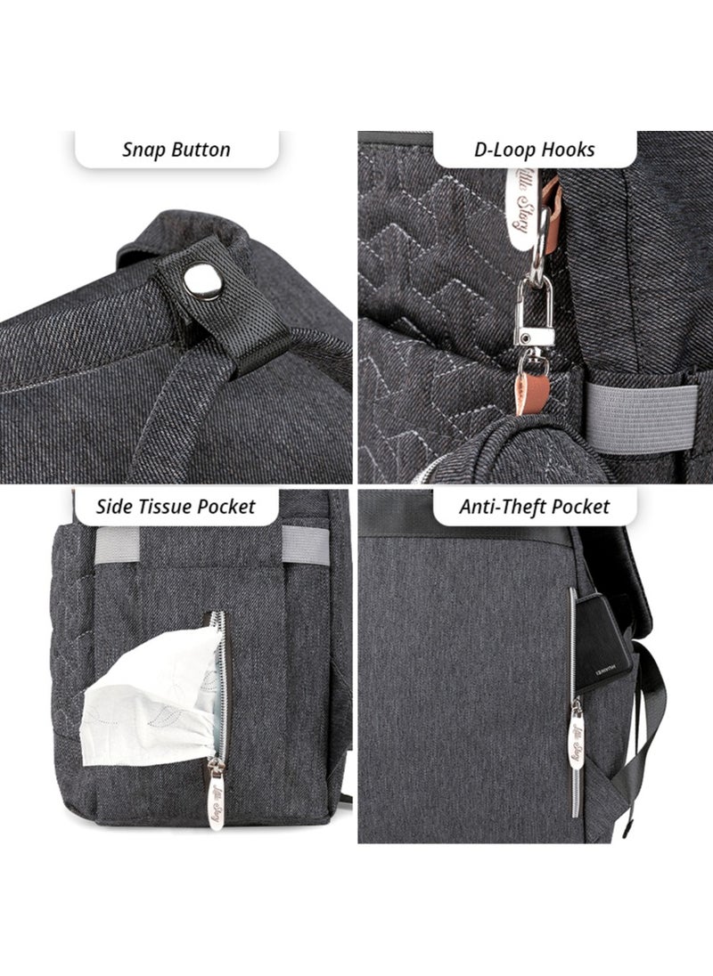 Little Story - Quilted Diaper Backpack With  Pacifier Bag And Stroller Hooks-Grey - Image 1