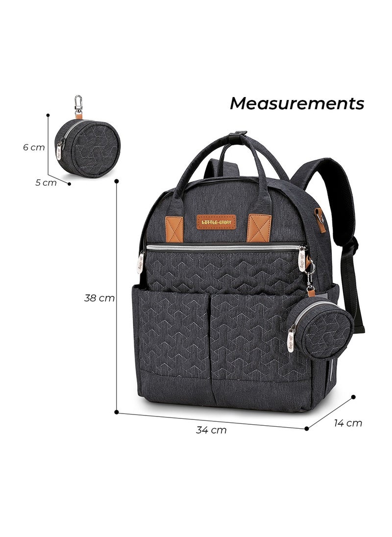 Little Story - Quilted Diaper Backpack With  Pacifier Bag And Stroller Hooks-Grey - Image 1