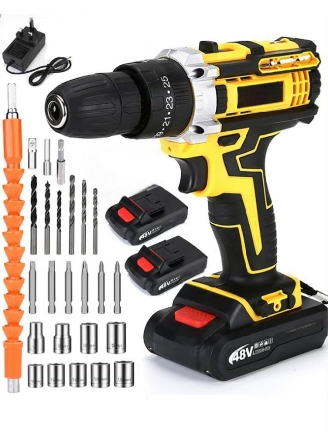 ALongDeng 48V Brushless Cordless Drill Set Dual 1.5Ah Li-Ion Batteries + Smart Fast Charger 3/8” Keyless Chuck 25 Torque Levels + 3 Modes LED Lighting + Battery Indicator    5 Core Advantages - Image 1