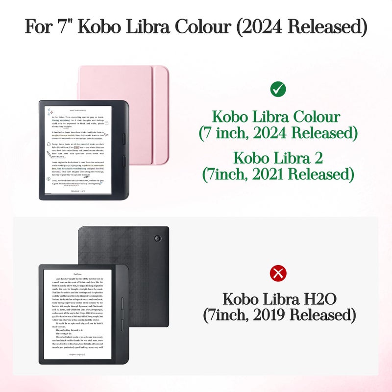 Vane Oak Magnetic Detachable Case for 7" Kobo Libra Colour (2024) / Kobo Libra 2 (2021), Slim PU Leather Case and Ultra Clear TPU Back Cover with Auto Wake/Sleep, Pink - Image 2