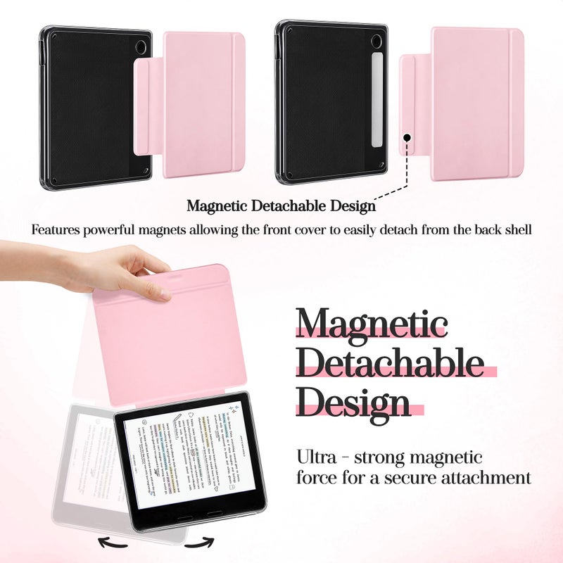 Vane Oak Magnetic Detachable Case for 7" Kobo Libra Colour (2024) / Kobo Libra 2 (2021), Slim PU Leather Case and Ultra Clear TPU Back Cover with Auto Wake/Sleep, Pink - Image 3
