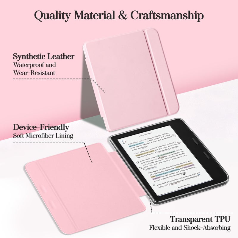 Vane Oak Magnetic Detachable Case for 7" Kobo Libra Colour (2024) / Kobo Libra 2 (2021), Slim PU Leather Case and Ultra Clear TPU Back Cover with Auto Wake/Sleep, Pink - Image 4
