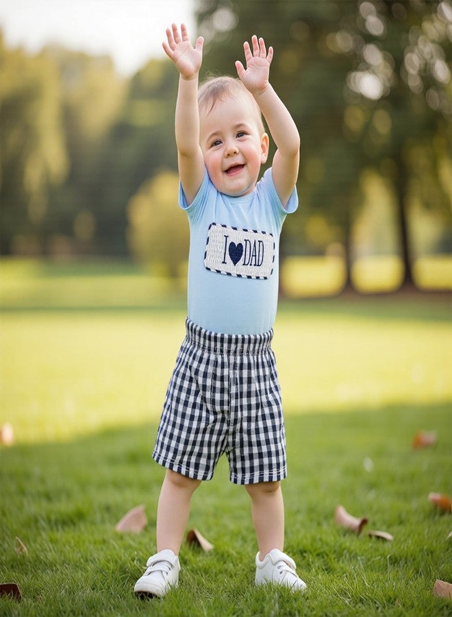 Karuedoo Fathers Day Baby Boy Clothes I Love Dad Embroidery Smocked T-Shirt Top Plaid Shorts Set 2Pc Toddler Summer Outfit (Blue, 12-18 Months) - Image 2
