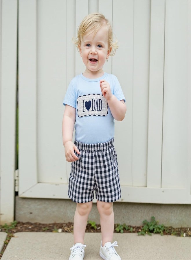 Karuedoo Fathers Day Baby Boy Clothes I Love Dad Embroidery Smocked T-Shirt Top Plaid Shorts Set 2Pc Toddler Summer Outfit (Blue, 12-18 Months) - Image 3