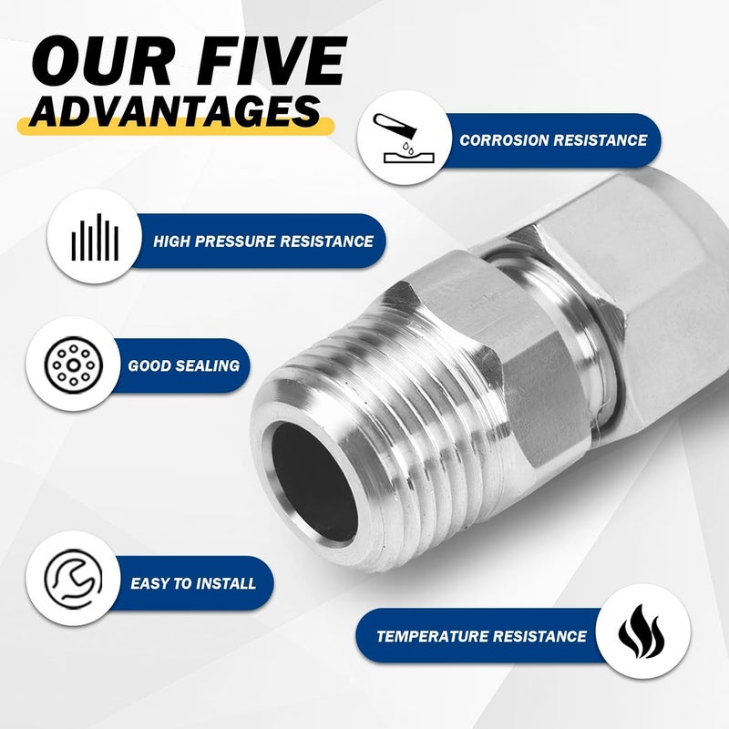 Yoebor Metalwork 304 Stainless Steel Metric Compression Tube Fitting Male Connector Adapter 1/8" NPT Male x 4mm OD (2 Pcs) - Image 4