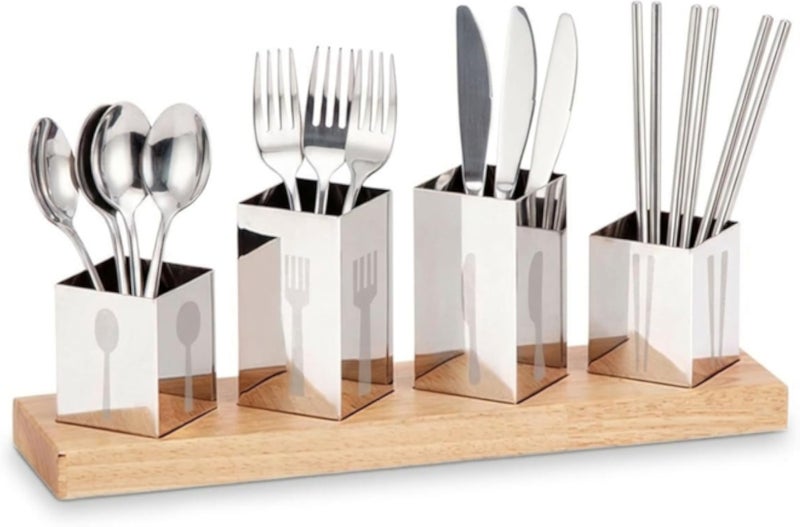 Utensil Holder Set 4pcs Stainless Steel Cutlery Organizer with Bamboo Base Flatware Caddy for Forks Knives Spoons Kitchen Countertop Storage