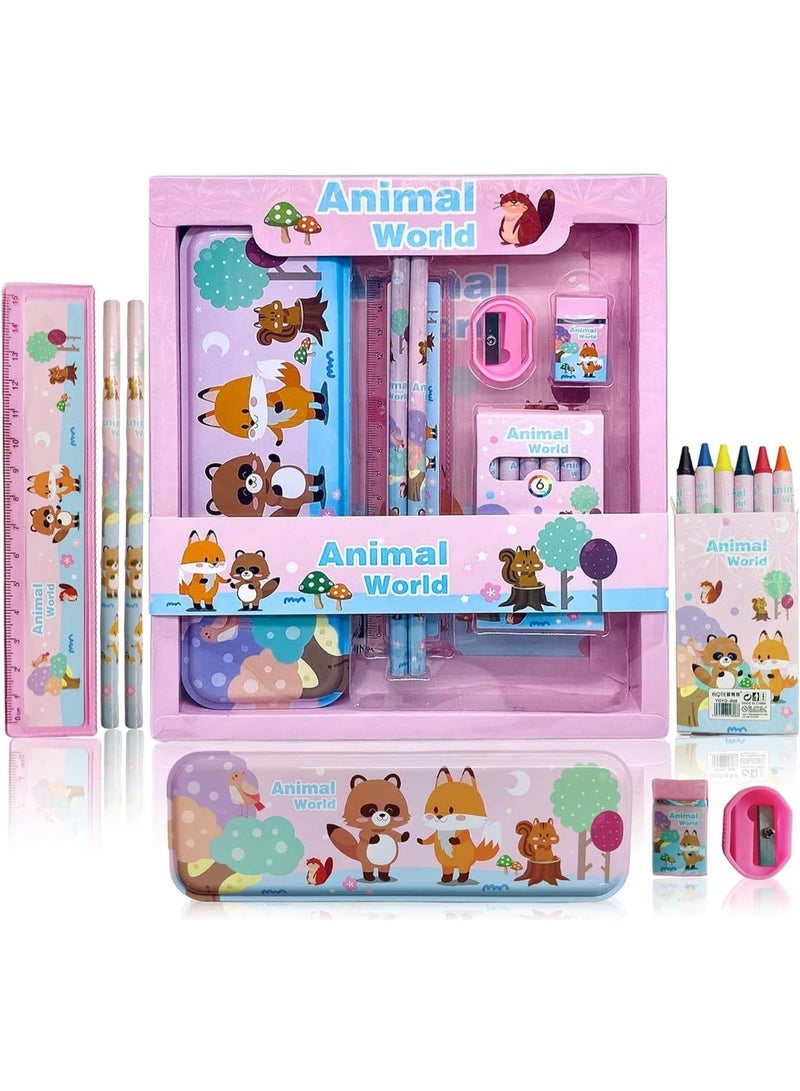 Stationery Kit Set for Kids Girls & Boys – 6 in 1 Cartoon School Items for Kid - Pencil Box, Colour Set, Pencil, Eraser. Scale and Sharpener - Birthday Return Gift for Kid Gift set (ANIMAL WORLD)