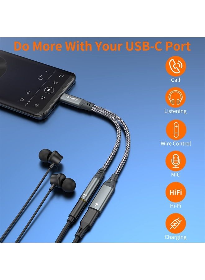 JXMOX USB C to 3.5mm Headphone and Charger Adapter, 2-in-1 USB Type C to AUX Mic Jack Dongle Cable with PD 60W Fast Charging Compatible with Samsung Galaxy S20 S21+ S22 S23 Ultra,Note 20 10,Pixel,iPad Pro