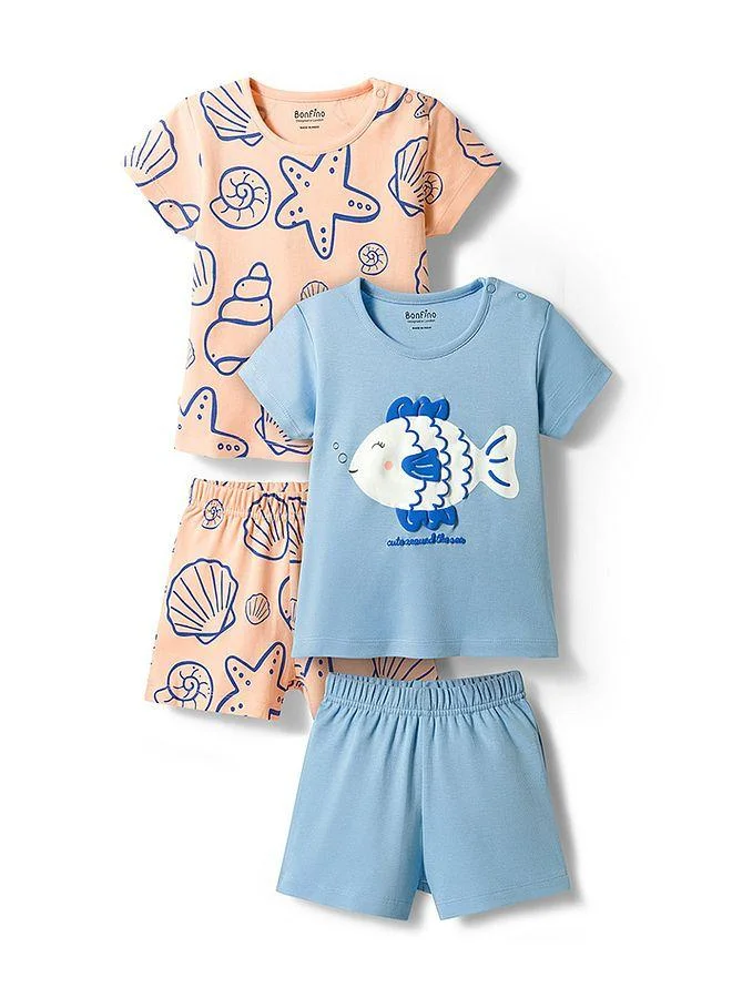 Bonfino Bonfino 100% Cotton Seal Life Printed Half Sleeves Shorts Set (Pack Of 2) - Peach & Blue