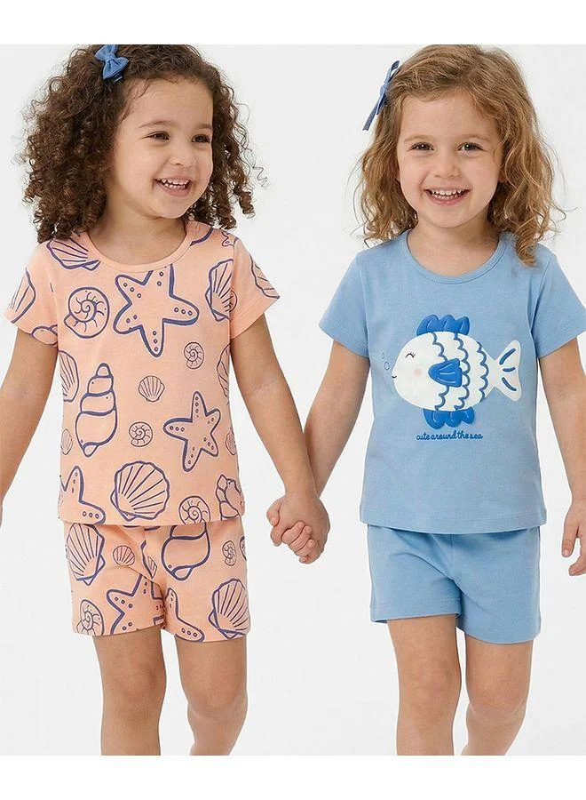 Bonfino Bonfino 100% Cotton Seal Life Printed Half Sleeves Shorts Set (Pack Of 2) - Peach & Blue