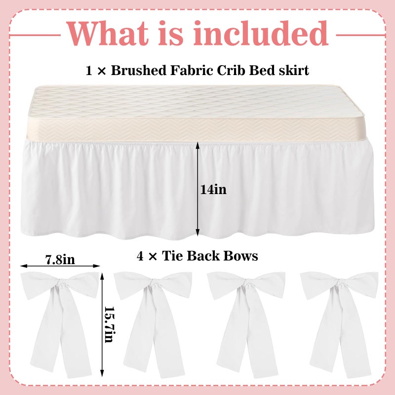 SmoothNovelty White Crib Bed Skirts with 4 Large Cot Bow 28" x 52" Baby Crib Skirt for Boys Girls Nursery Toddler Bedskirt Dust Ruffle 14" Drop(Ruffle) - Image 2