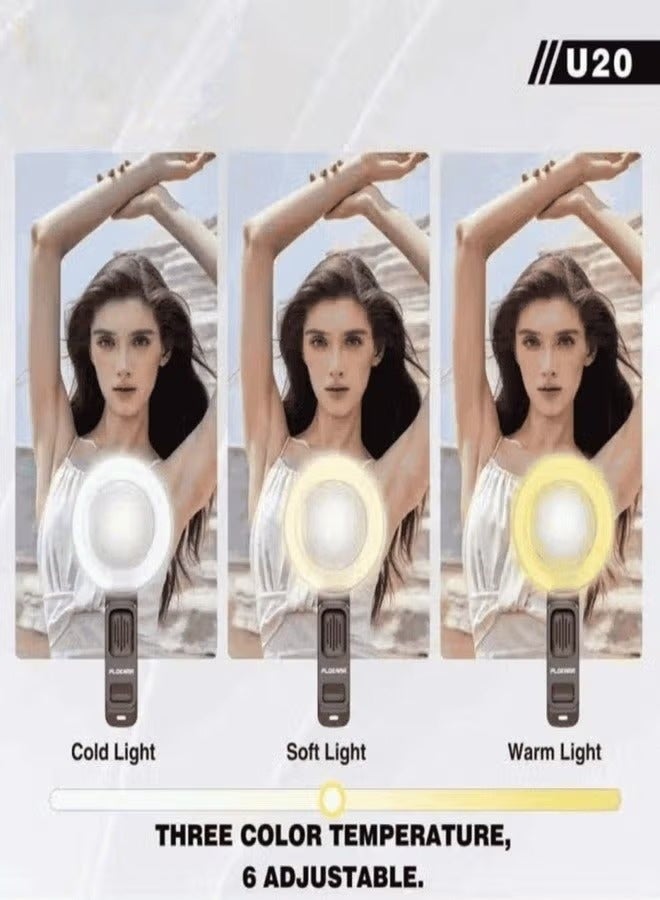 فلاش رينج لايت LED سيلفي مع مرآة ومشبك U20 من بلوكاما إضاءة محمولة قابلة لإعادة الشحن للموبايل واللابتوب والمكياج وصناع المحتوى - Image 4