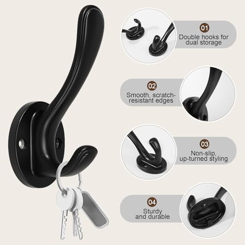 Dntorx 4 Pack Black Towel Hooks Heavy Duty for Bathrooms, Coat Hooks Wall Mounted Metal Double Hook Wall Hooks for Hanging Towel Key Coats Hats Robe Clothes - Image 4