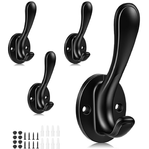 Dntorx 4 Pack Black Towel Hooks Heavy Duty for Bathrooms, Coat Hooks Wall Mounted Metal Double Hook Wall Hooks for Hanging Towel Key Coats Hats Robe Clothes - Image 1