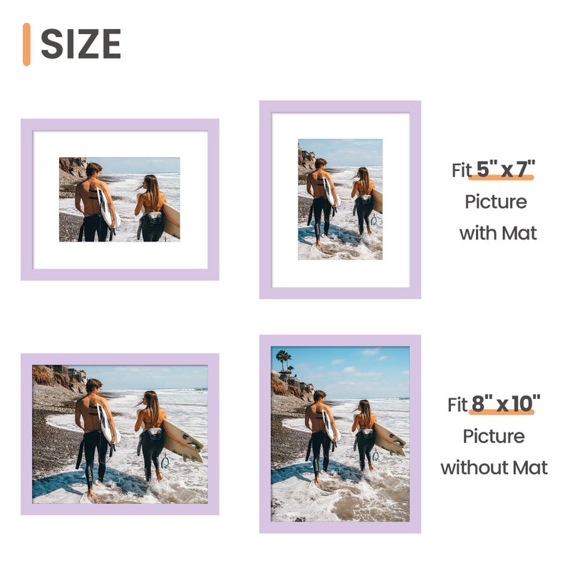 upsimples 8x10 Picture Frame  Display Pictures 5x7 with Mat or 8 x 10 Without  Wall Hanging Photo Frames  Purple  1 Pack - Image 3