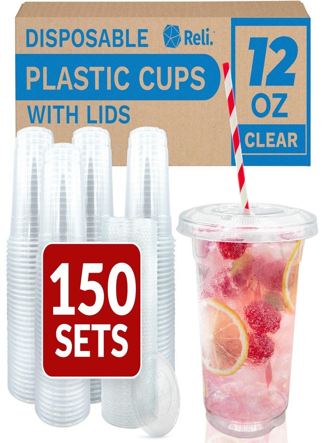 Reli. Plastic Cups with Lids 12 oz (150 Sets) | Clear Plastic Cups with Lids | Clear Disposable PET Bulk | 12 oz PET Container with Flat Tops for Desserts, Iced Coffee, Smoothies, To Go Drinks - Image 1