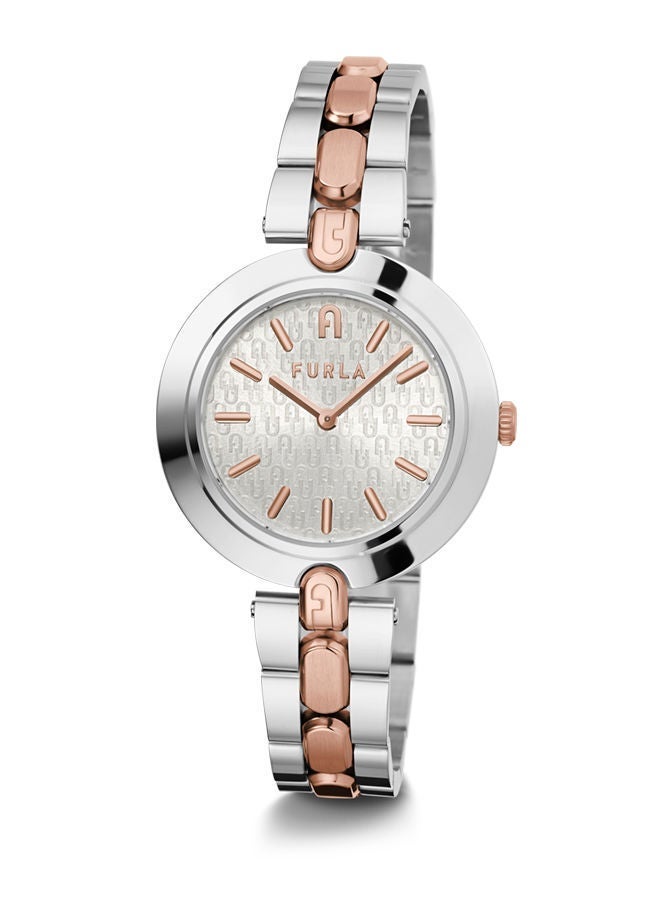 Furla ساعة FURLA Logo Links للنساء بمينا فضية وسوار من الفولاذ المقاوم للصدأ باللونين الفضي والذهبي الوردي - Image 1