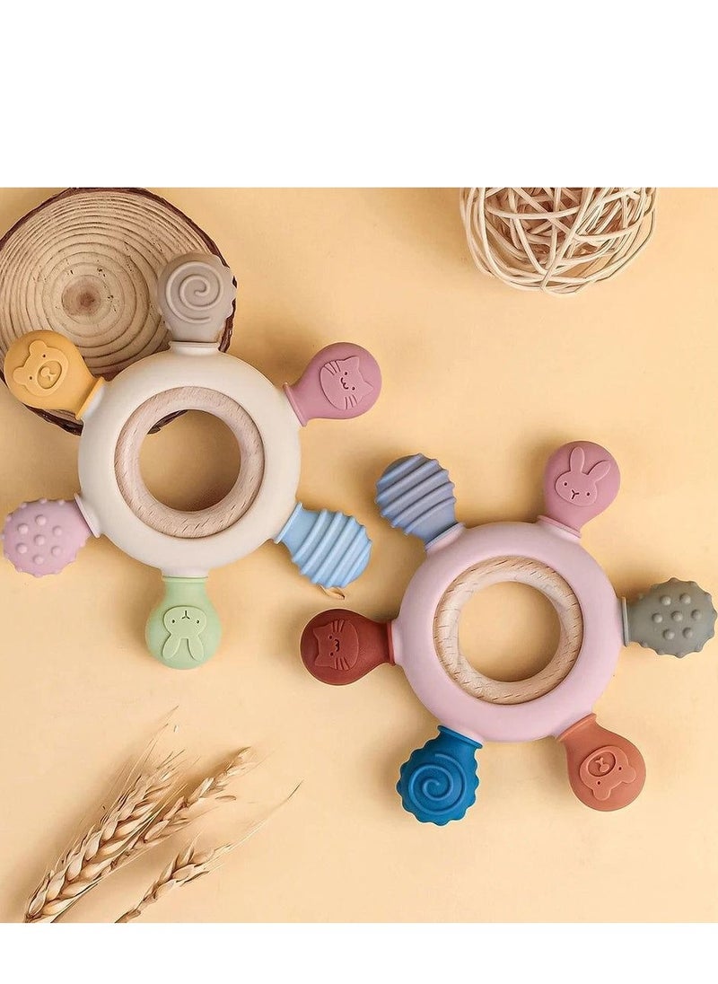MAMIORA Wooden Baby Teether Ring – Multi-Texture Silicone & Wood Teether Toy for Babies | BPA-Free, Stylish & Safe | Infant Teething Relief  - Image 1