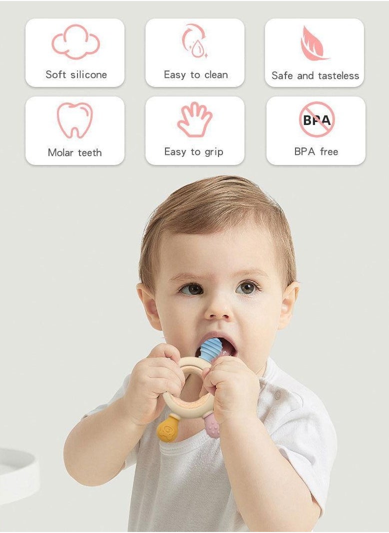 MAMIORA Wooden Baby Teether Ring – Multi-Texture Silicone & Wood Teether Toy for Babies | BPA-Free, Stylish & Safe | Infant Teething Relief  - Image 2