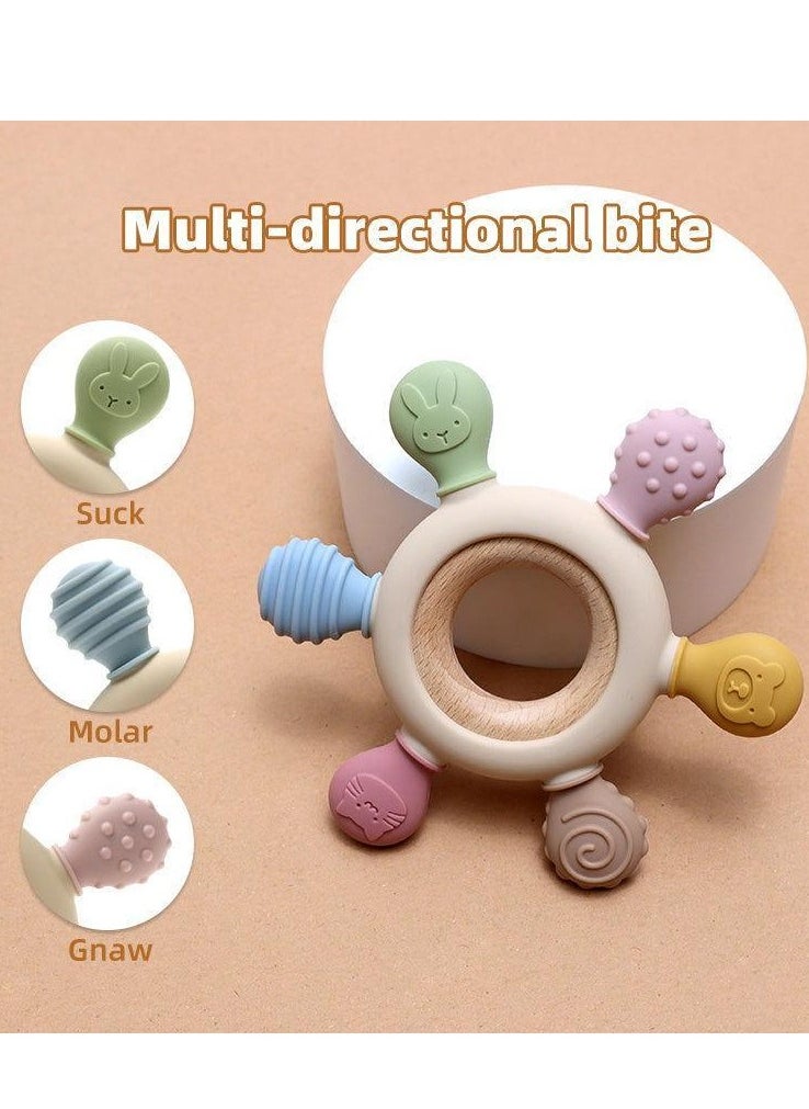 MAMIORA Wooden Baby Teether Ring – Multi-Texture Silicone & Wood Teether Toy for Babies | BPA-Free, Stylish & Safe | Infant Teething Relief  - Image 3