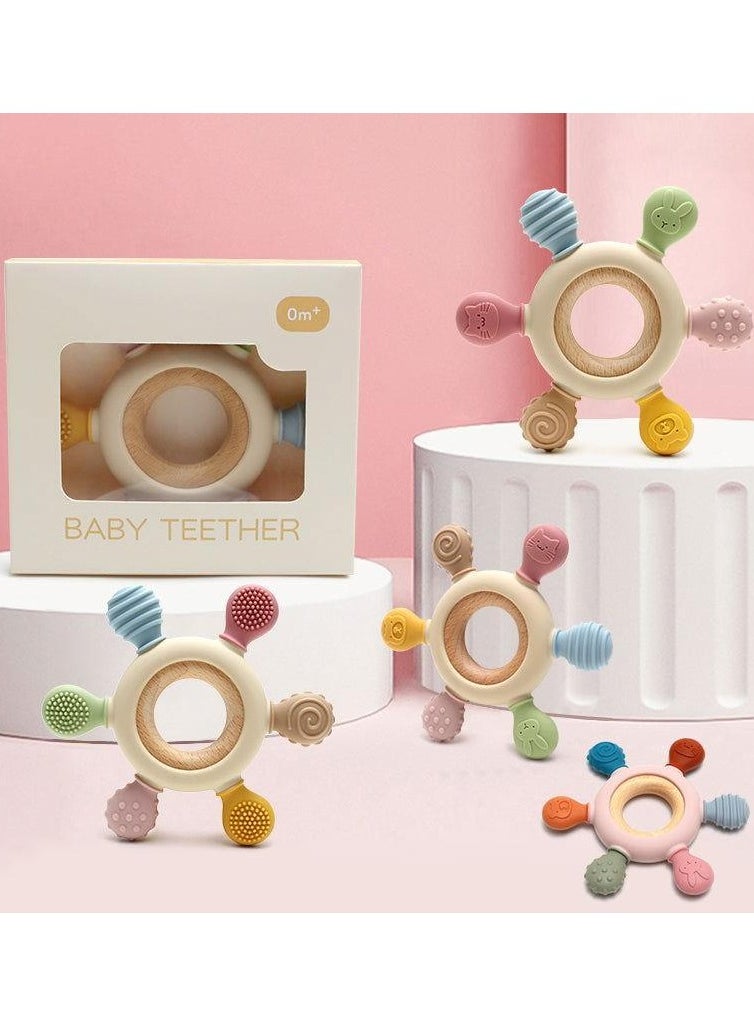 MAMIORA Wooden Baby Teether Ring – Multi-Texture Silicone & Wood Teether Toy for Babies | BPA-Free, Stylish & Safe | Infant Teething Relief  - Image 4