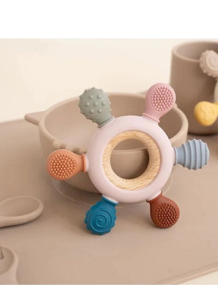 MAMIORA Wooden Baby Teether Ring – Multi-Texture Silicone & Wood Teether Toy for Babies | BPA-Free, Stylish & Safe | Infant Teething Relief  - Image 5