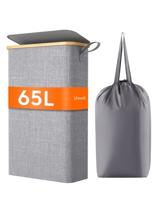 Lifewit Lifewit 65L Slim Laundry Hamper with Lid, Narrow Laundry Basket with Removable Bag & Bamboo Handles, Fodable Thin Dirty Clothes Hamper for Laundry Collapsible Bin for Bathroom Bedroom Dorm, Gray - Image 1