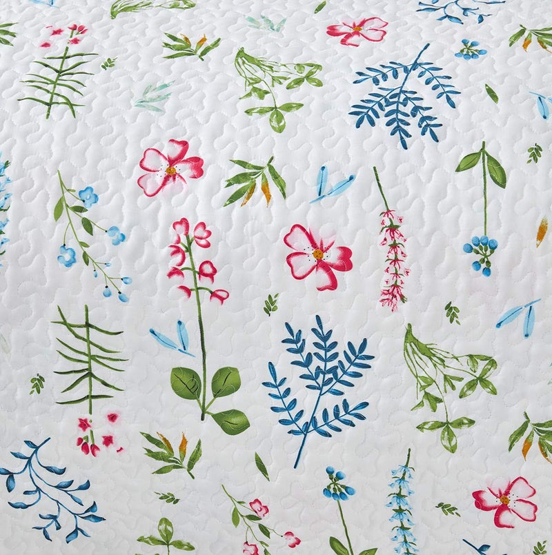 UOZZI BEDDING 3 Piece Reversible White Quilt Set King Size with Blue Green Leaves and Red Flowers Soft Microfiber Lightweight Floral Coverlet Bedspread for All Season - Image 4