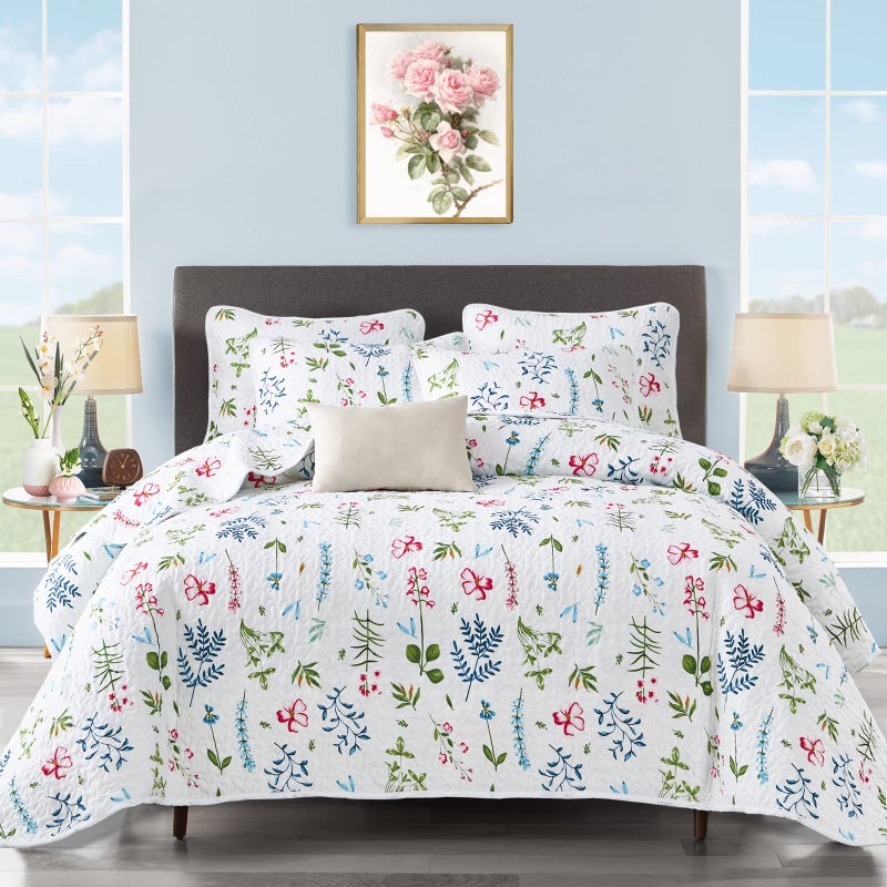 UOZZI BEDDING 3 Piece Reversible White Quilt Set King Size with Blue Green Leaves and Red Flowers Soft Microfiber Lightweight Floral Coverlet Bedspread for All Season - Image 1