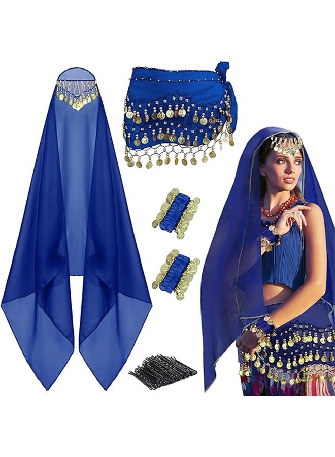 طقم راقصة شرقية مكون من 4 قطع: وشاح رأس من الشيفون، وشاح خصر للرقص الشرقي، سواران للمعصم مزينان بالعملات المعدنية، و8 دبابيس شعر. - Image 1